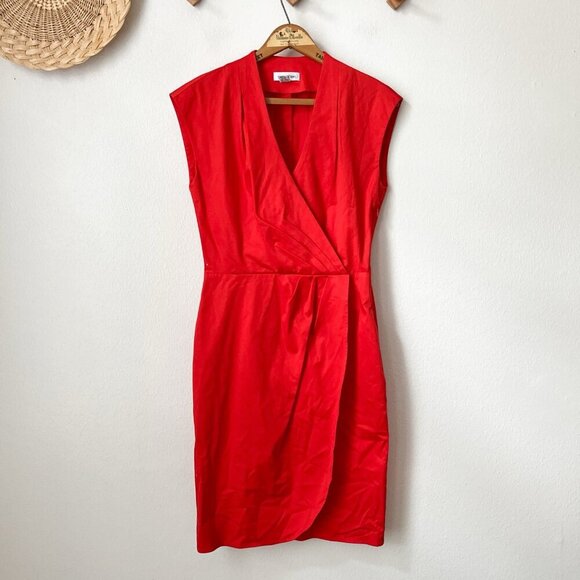 90s Calvin Klein red sleeveless sexy‎ deep v wrap dress stretch knee length 2 - Picture 1 of 7